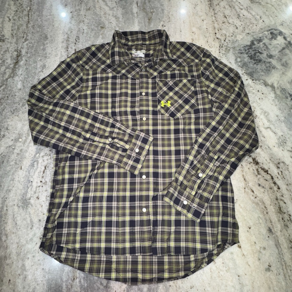 Under Armour Men's Sz Large Neon Green Gray Plaid Pearl Snap Shirt Y2K Dry Fit